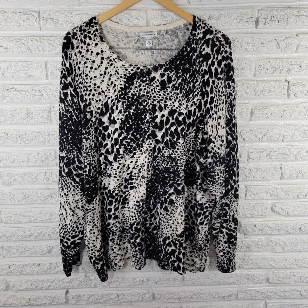 Croft & Barrow 3X Cardigan Sweater Black Gray Animal Print 100% Cotton ANI36E